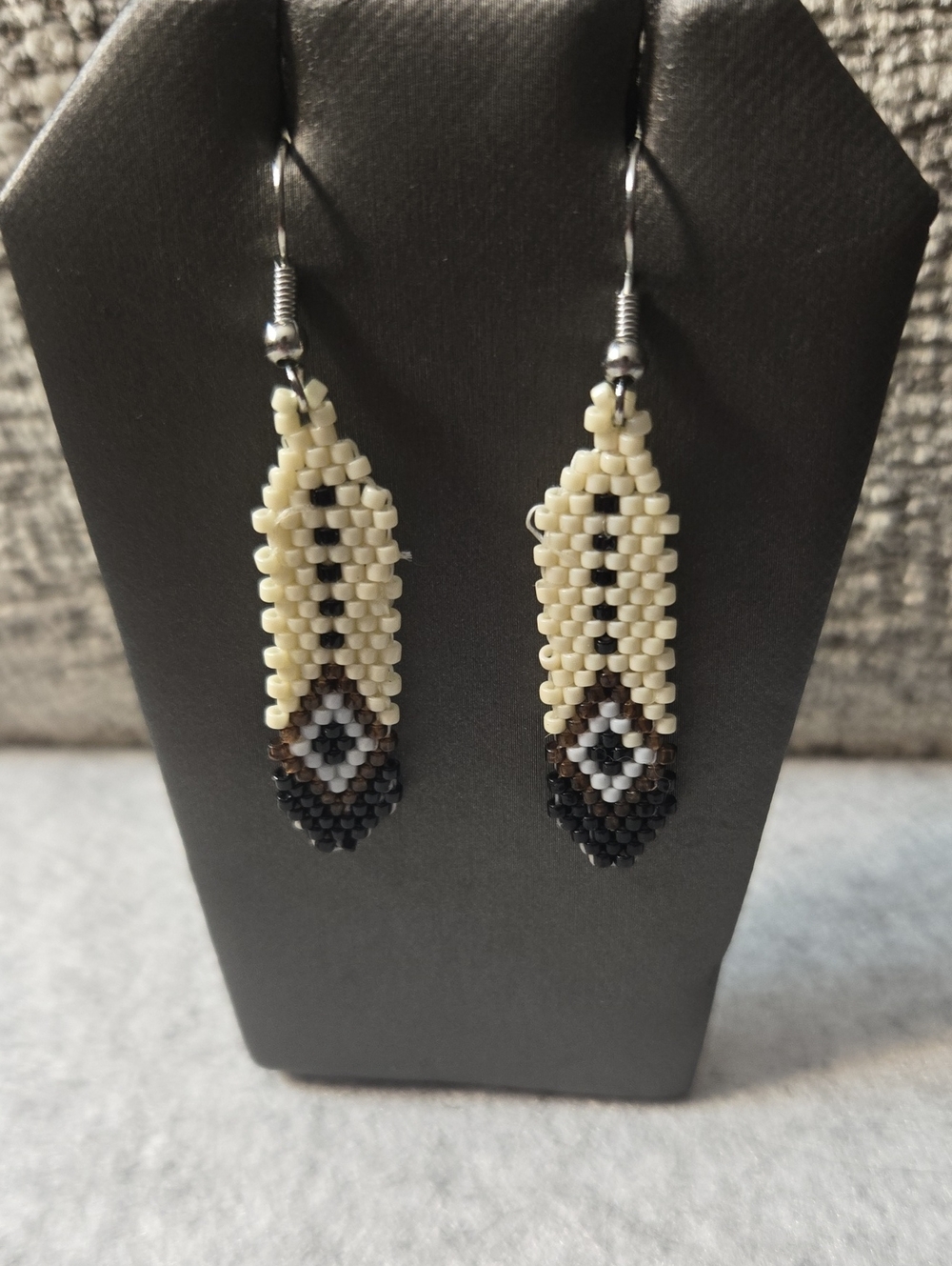 Handmade Ivory and Black Beaded Dangle Feather Earrings Artisan 1.50"